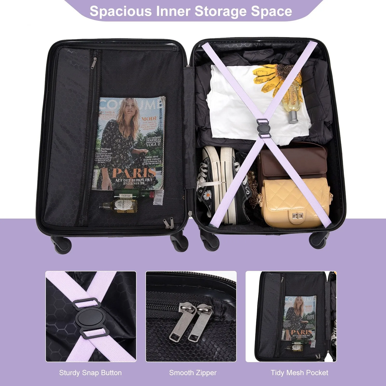 ABS 3 Piece Luggage Sets with 2 Hooks and Spinner Wheels & TSA Lock