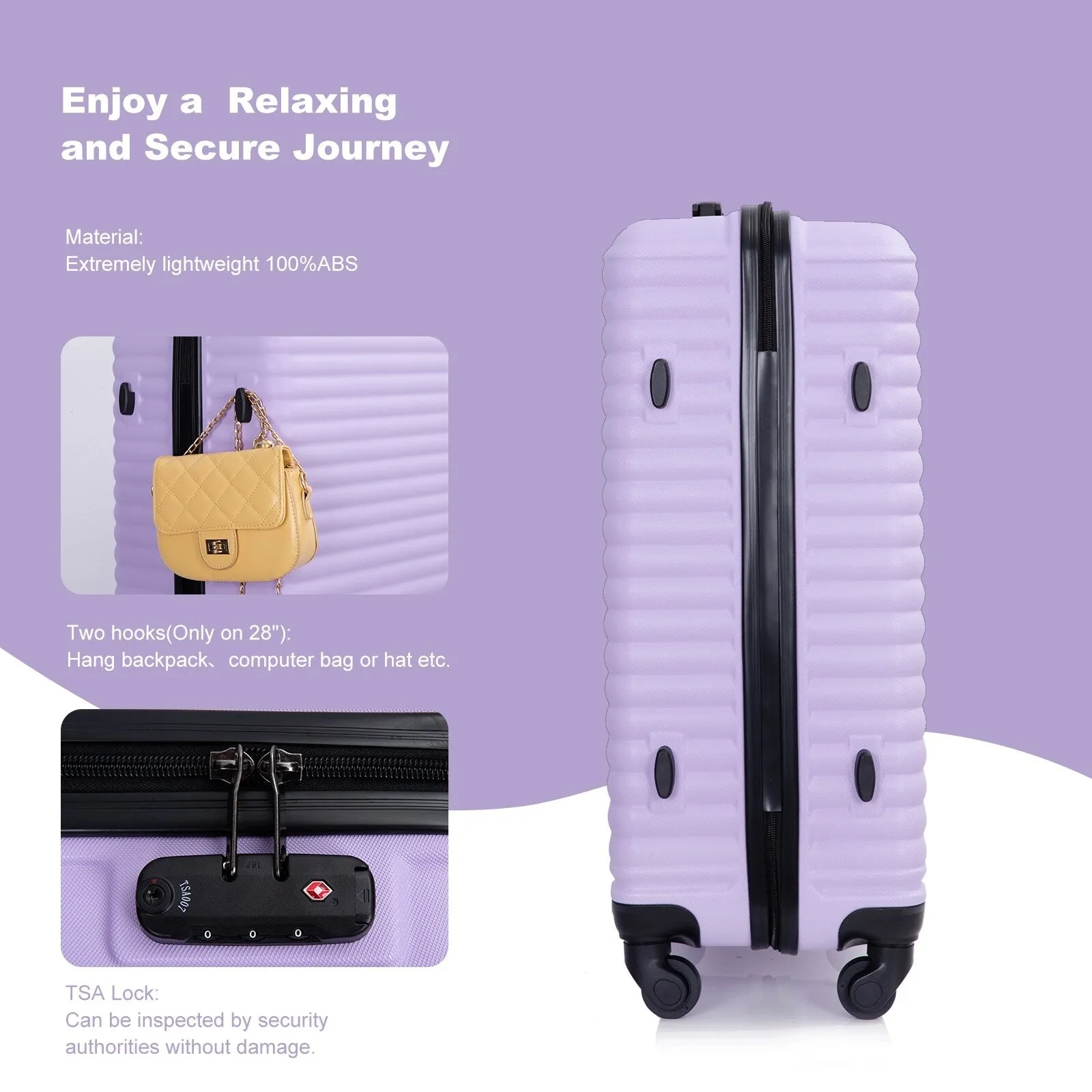ABS 3 Piece Luggage Sets with 2 Hooks and Spinner Wheels & TSA Lock