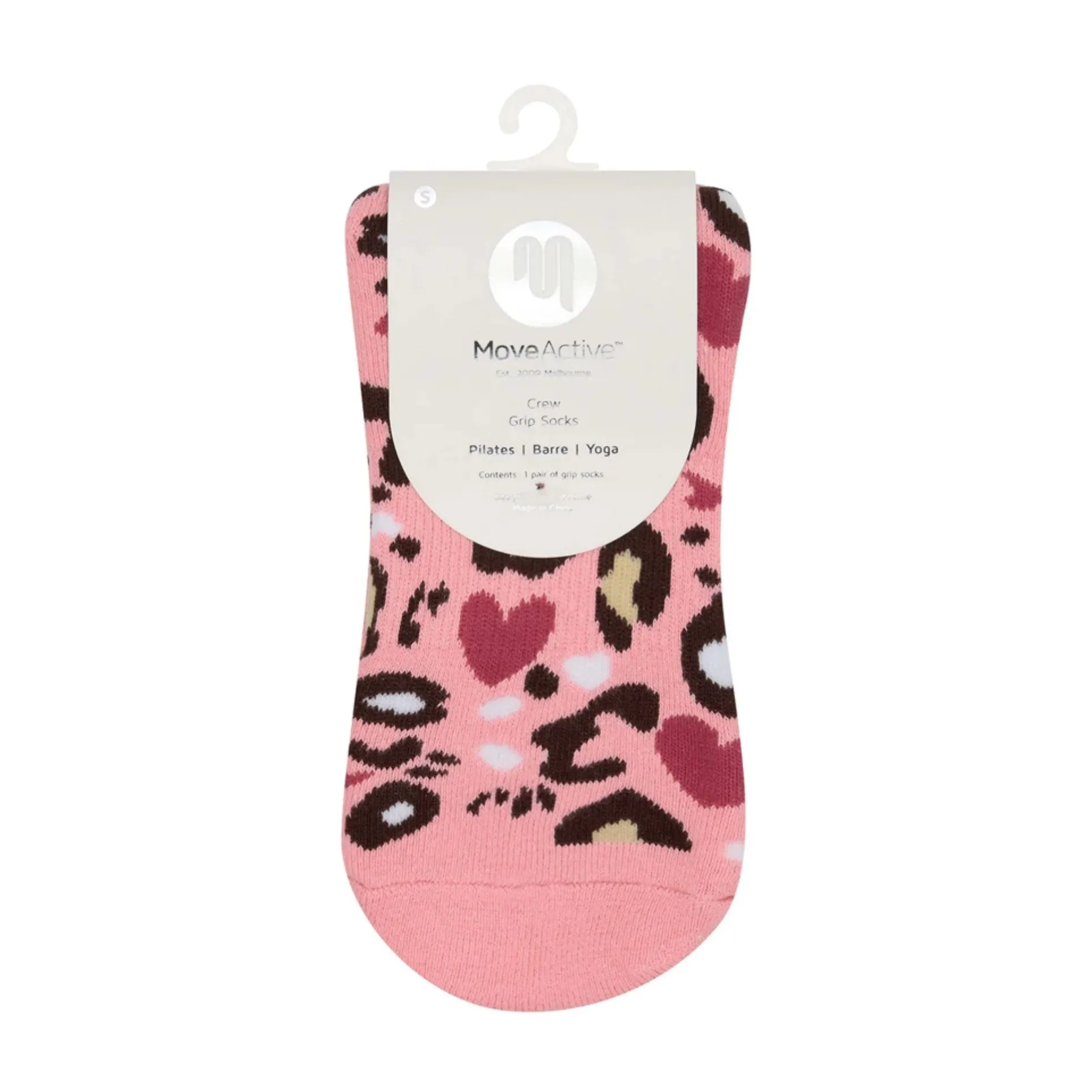 Crew - Pink Cheetah Heart Grip Socks (Barre / Pilates)