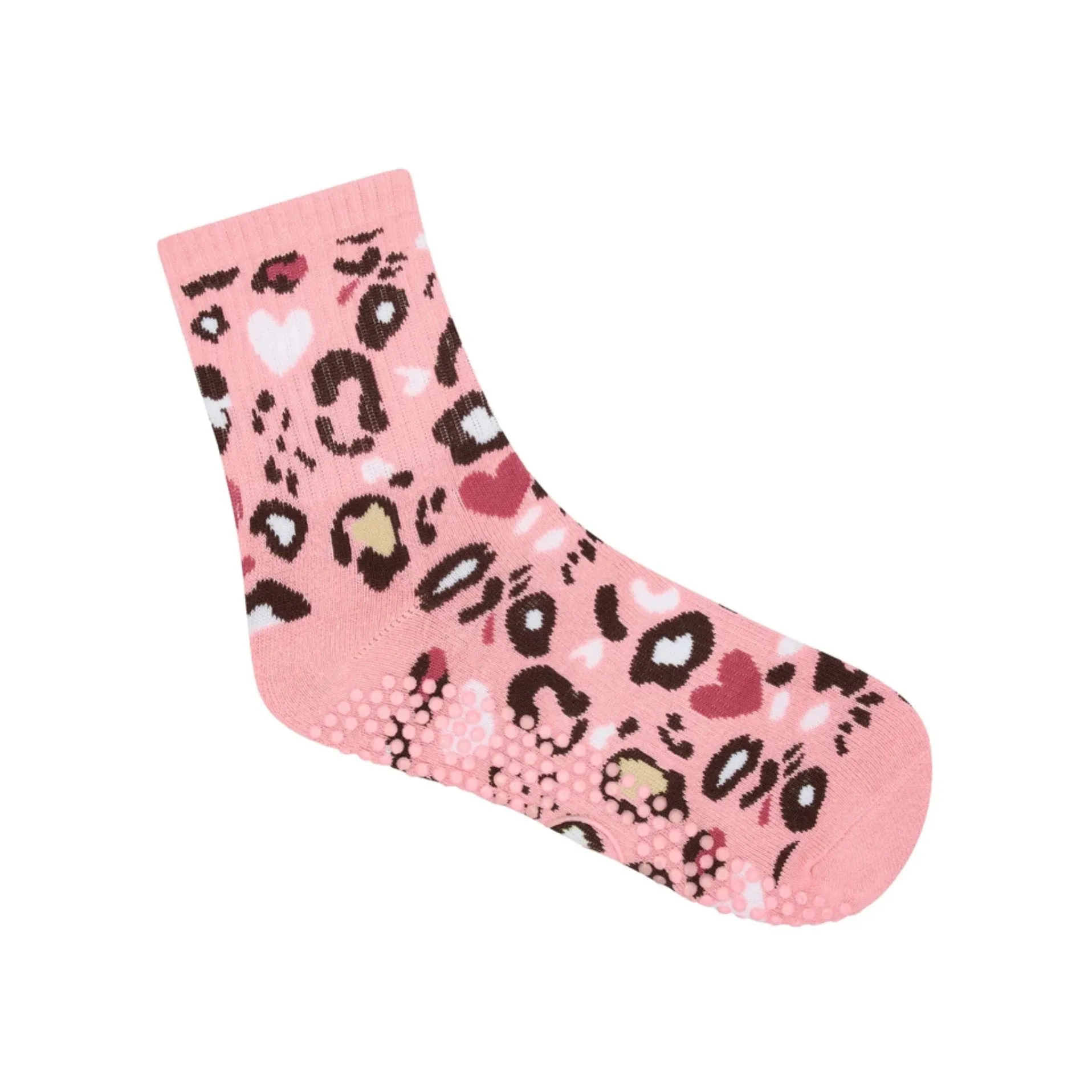 Crew - Pink Cheetah Heart Grip Socks (Barre / Pilates)