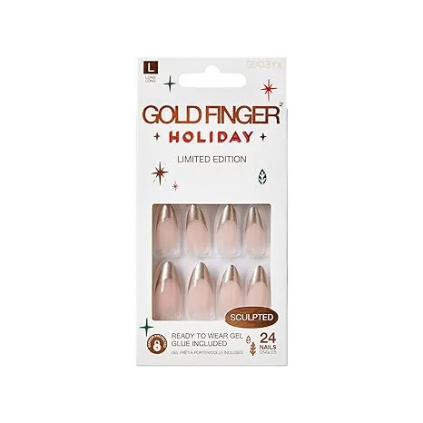 Gold Finger 24 Pcs Holiday Press On Nails – Christmas French Tip Square Coffin Oval Fake Nails. Long-Lasting Glossy Glitter [GD03YX]