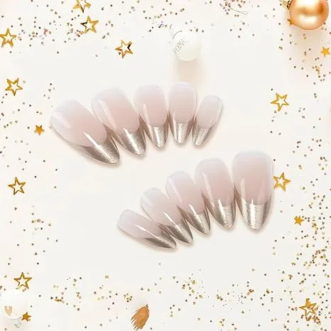 Gold Finger 24 Pcs Holiday Press On Nails – Christmas French Tip Square Coffin Oval Fake Nails. Long-Lasting Glossy Glitter [GD03YX]