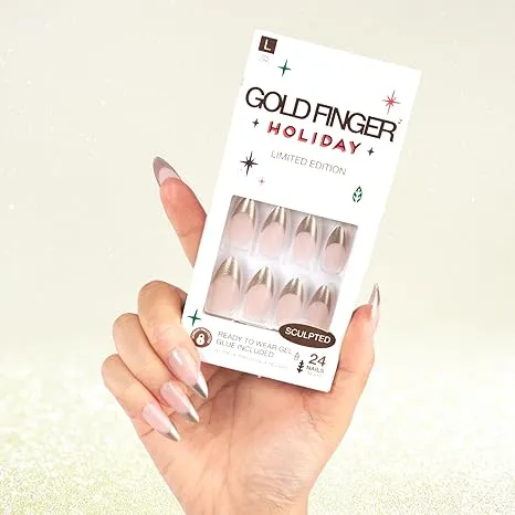 Gold Finger 24 Pcs Holiday Press On Nails – Christmas French Tip Square Coffin Oval Fake Nails. Long-Lasting Glossy Glitter [GD03YX]