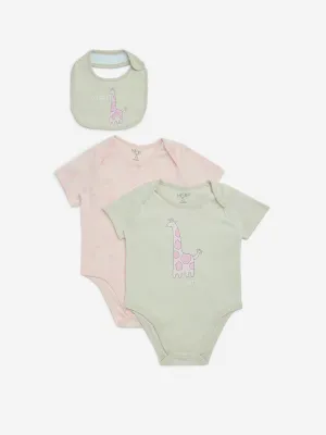 HOP Baby Multicolour Cotton Rompers with Bib - Pack of 2