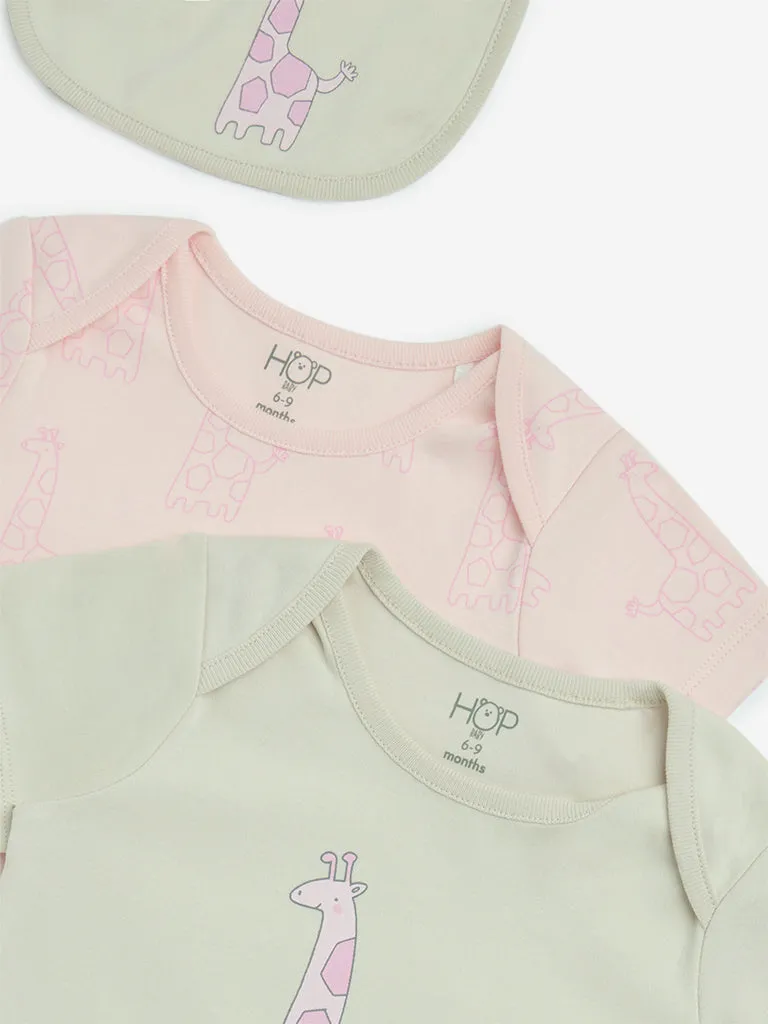 HOP Baby Multicolour Cotton Rompers with Bib - Pack of 2