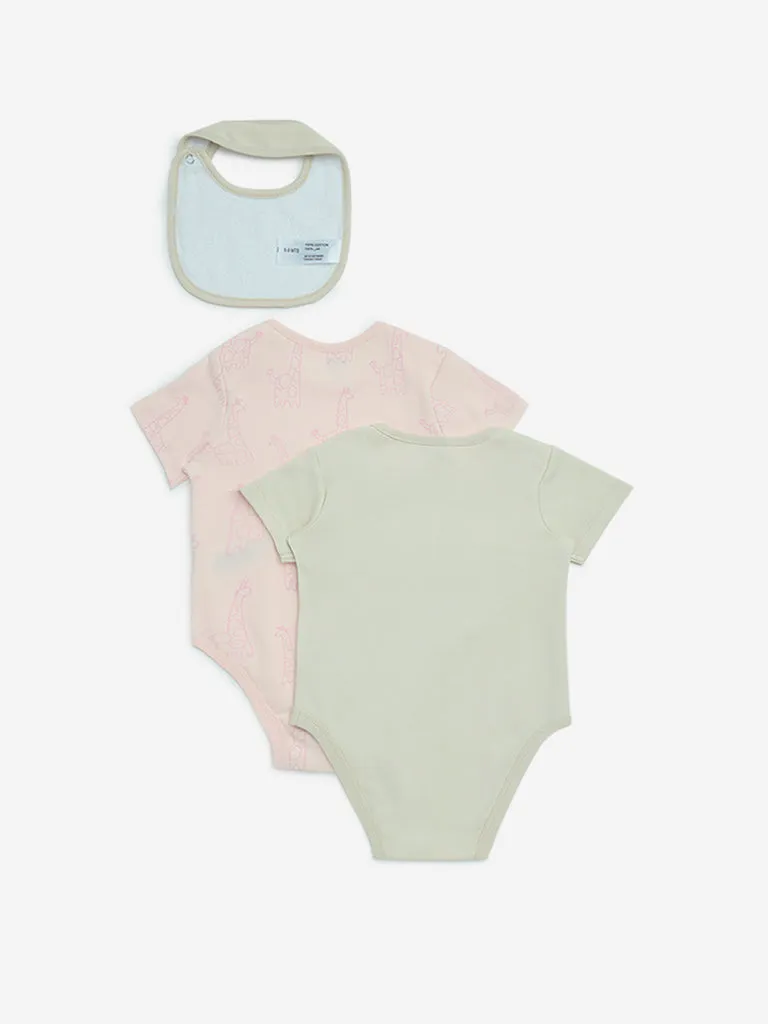 HOP Baby Multicolour Cotton Rompers with Bib - Pack of 2