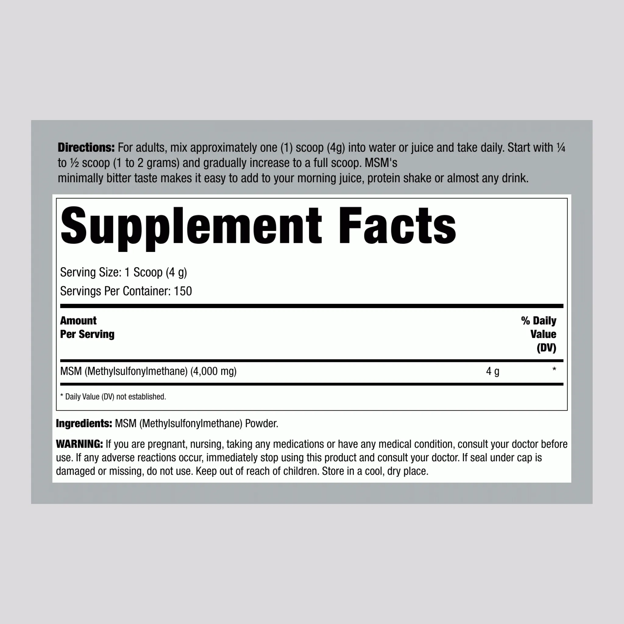 MSM (Methylsulfonylmethane) Powder, 4000 mg (per serving), 21 oz (600 g) Bottle
