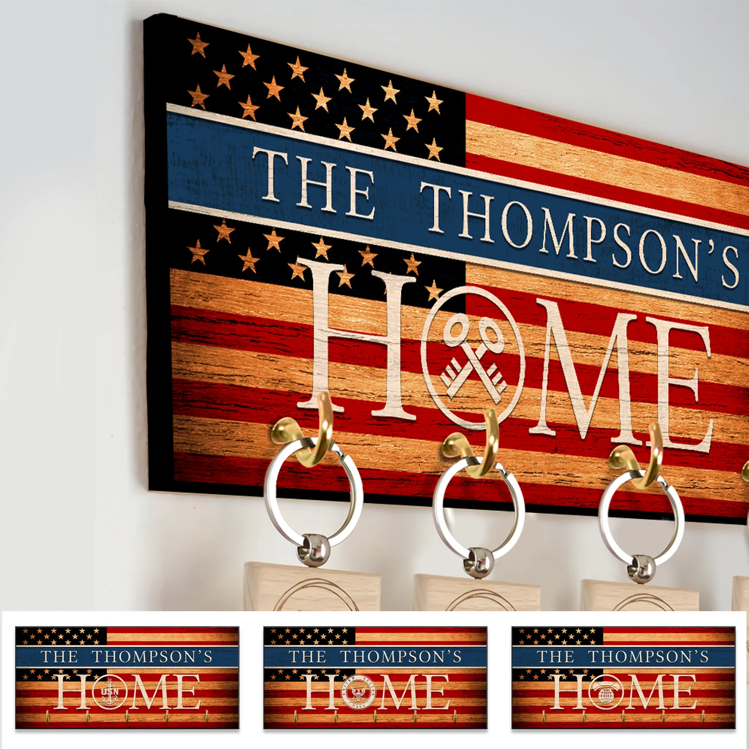 Personalized Key Hook - Personalized Name & Ranks, USA Flag