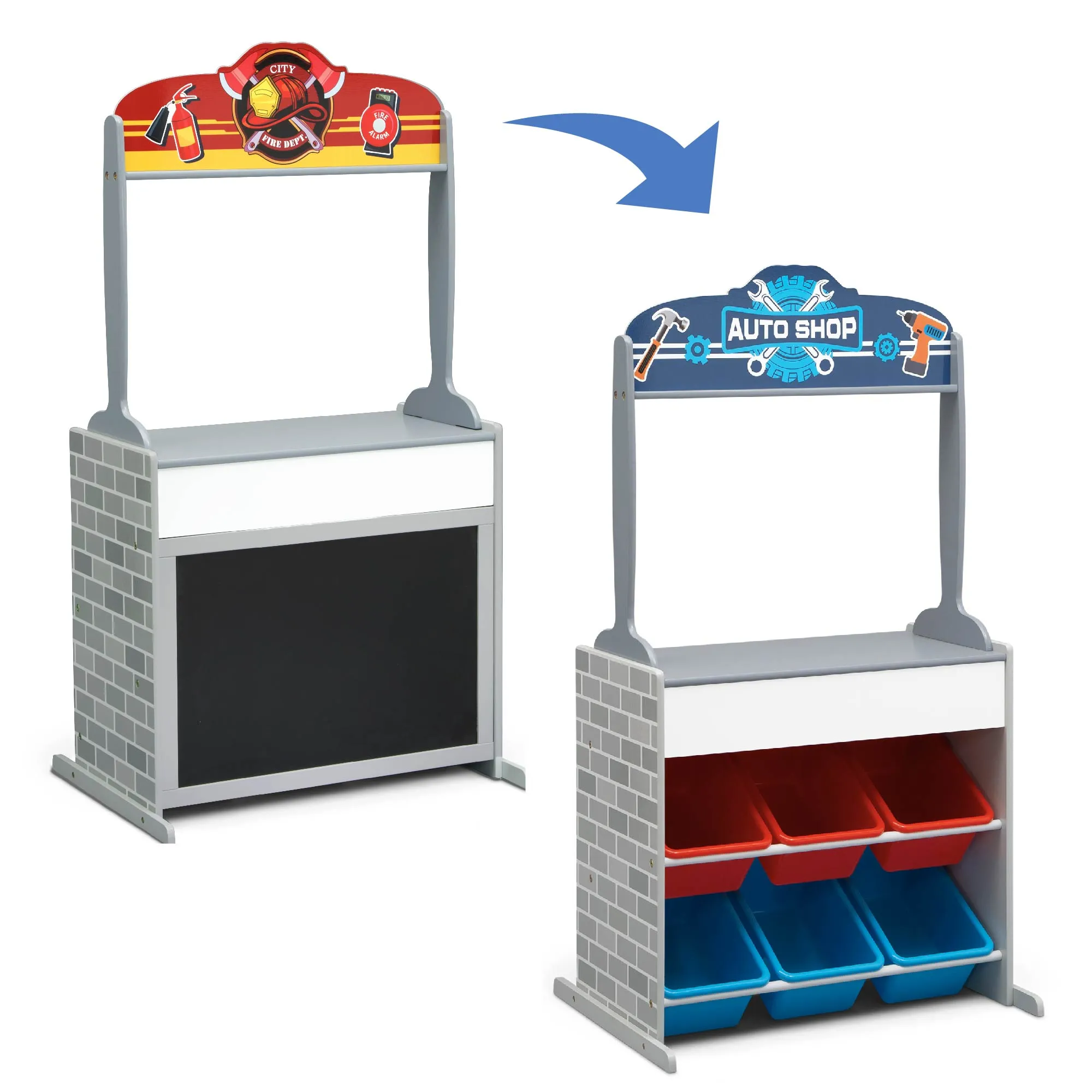 Reversible 4-in-1 Pretend Play Center with Chalkboard & Storage