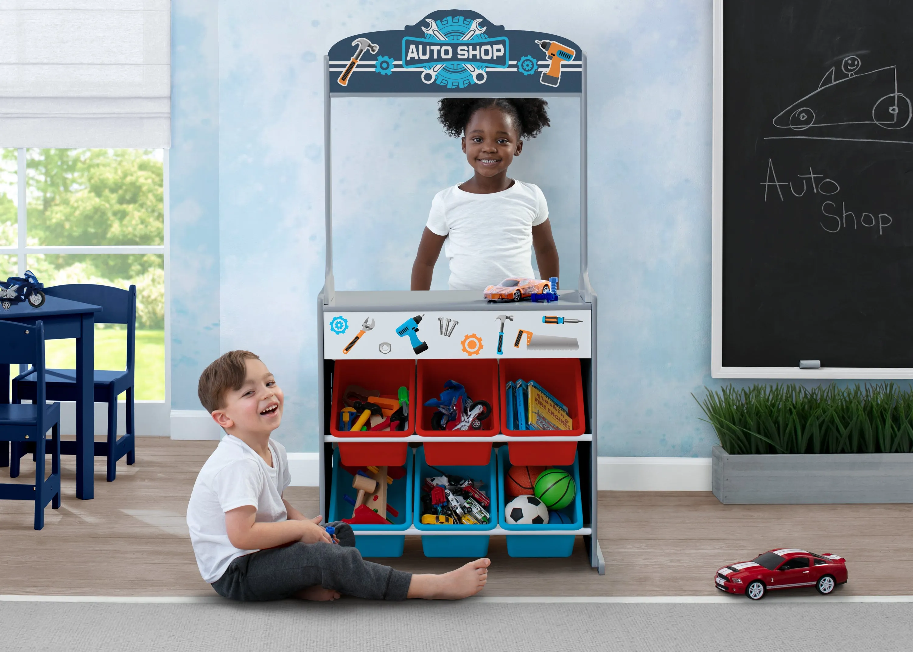 Reversible 4-in-1 Pretend Play Center with Chalkboard & Storage
