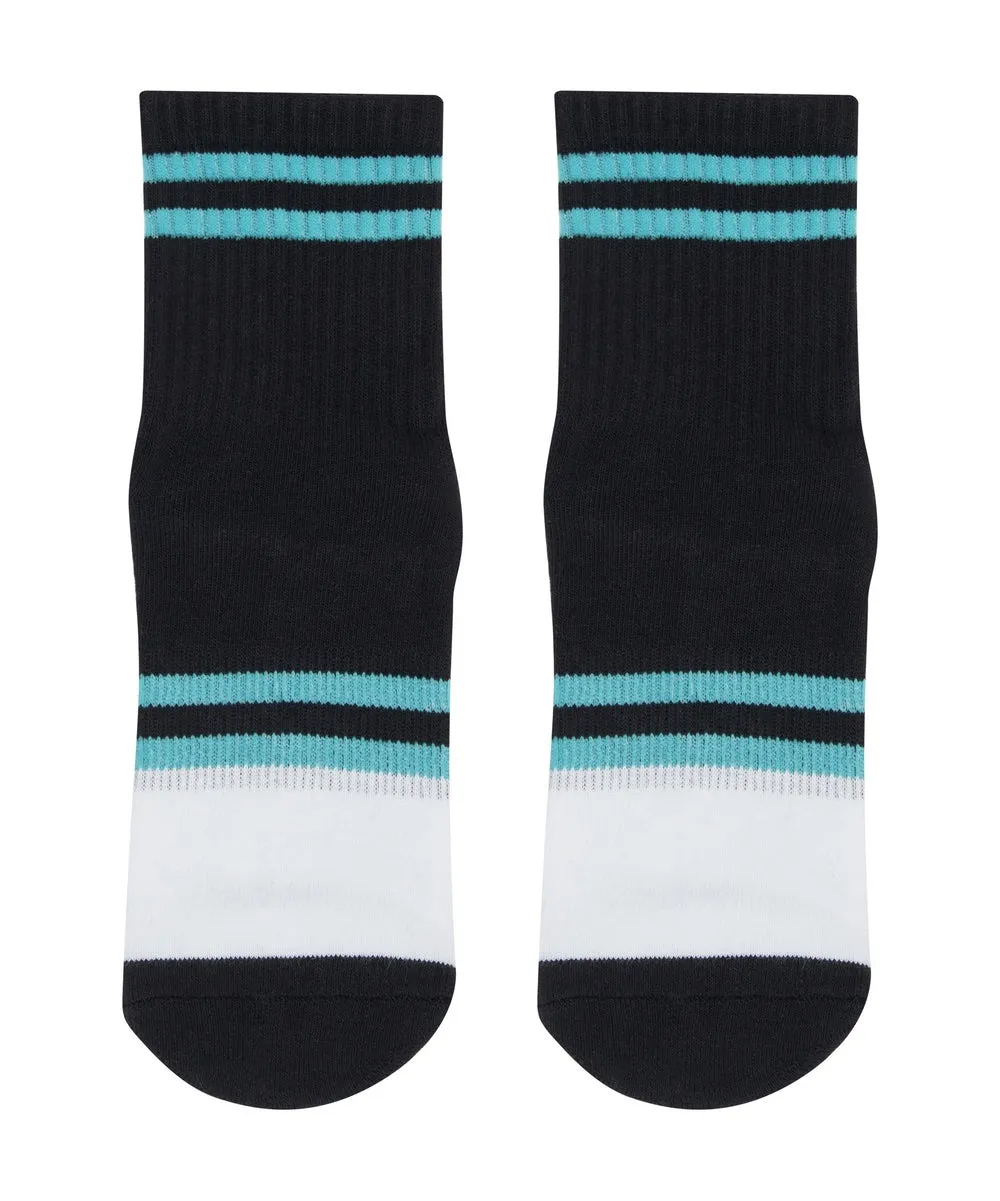 Unisex Crew Grip Socks - Turquoise Stripes - Black/White (Barre / Pilates)