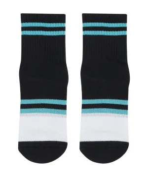 Unisex Crew Grip Socks - Turquoise Stripes - Black/White (Barre / Pilates)