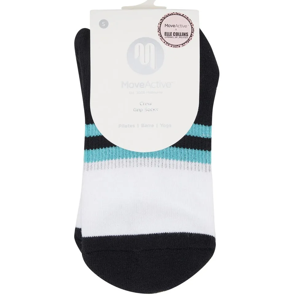 Unisex Crew Grip Socks - Turquoise Stripes - Black/White (Barre / Pilates)