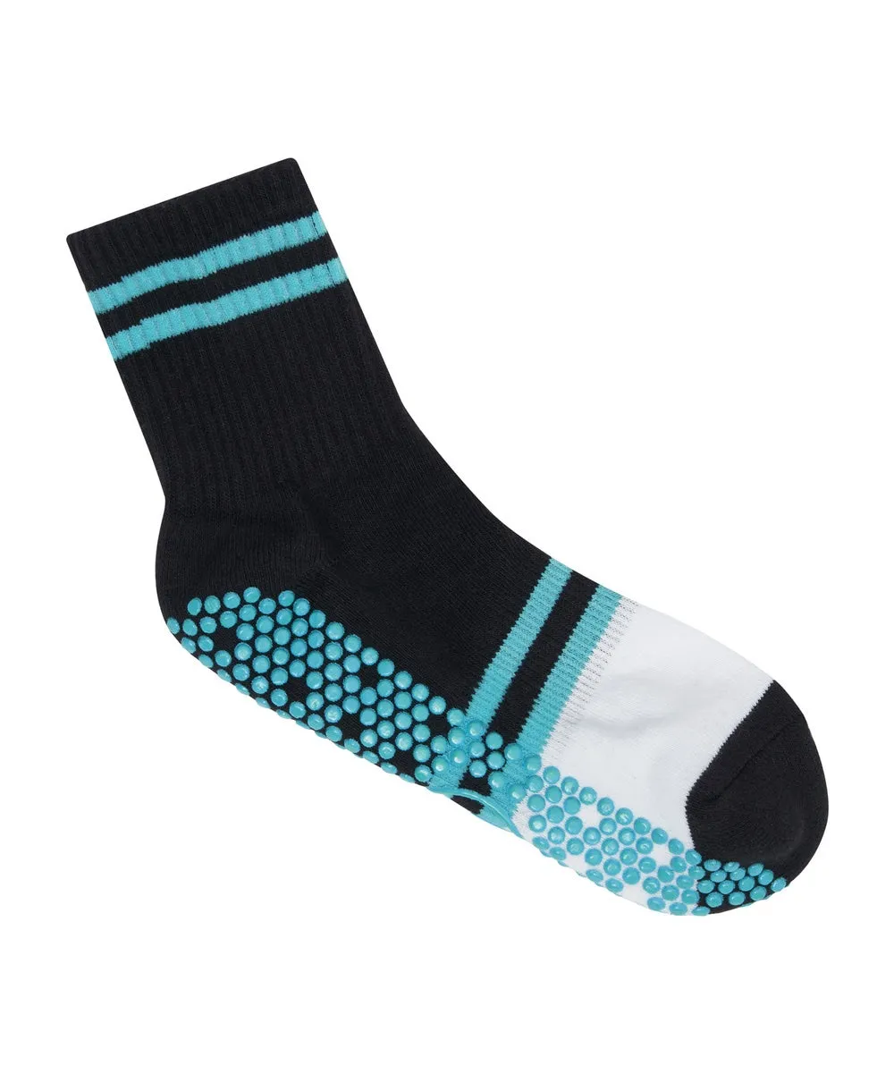Unisex Crew Grip Socks - Turquoise Stripes - Black/White (Barre / Pilates)