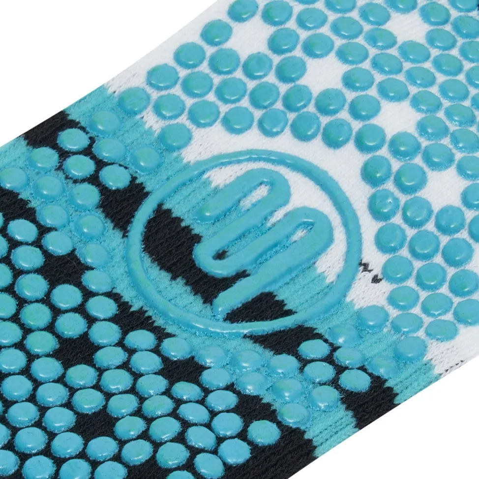 Unisex Crew Grip Socks - Turquoise Stripes - Black/White (Barre / Pilates)