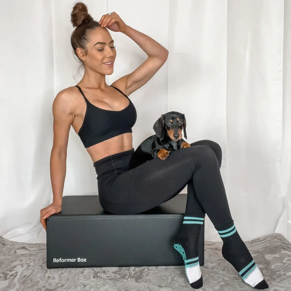 Unisex Crew Grip Socks - Turquoise Stripes - Black/White (Barre / Pilates)
